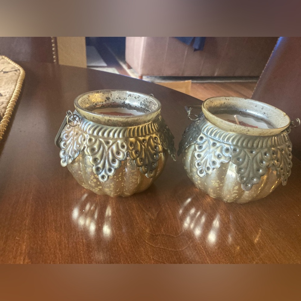 Vintage-Inspired Gold Candle Holders. French vanilla scent.ed candle.